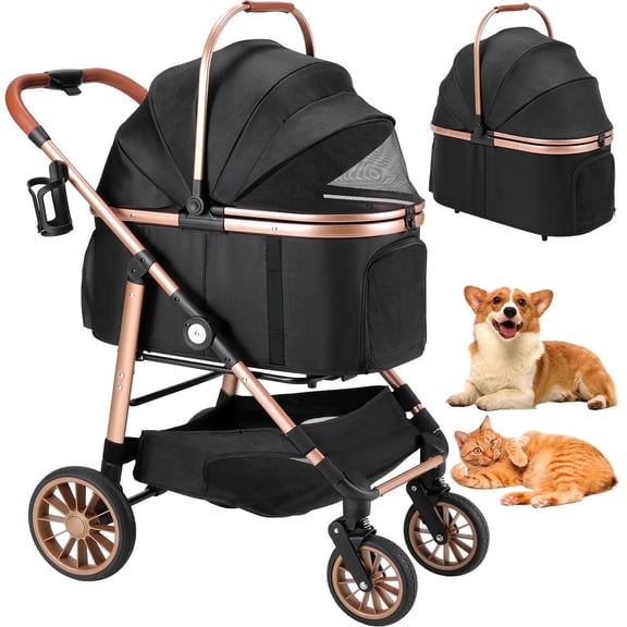 TLGREEN 4-Wheel Stable Pet Stroller for Medium Dogs/ Cats (55lbs Max) - 3-in-1 Convertible Design with Removable Carrier & One-Click Folding Mechanism (Black)