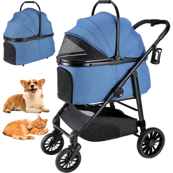 TLGREEN 4-Wheel Stable Pet Stroller for Medium Dogs/ Cats (55lbs Max) - 3-in-1 Convertible Design with Removable Carrier & One-Click Folding Mechanism (Blue)