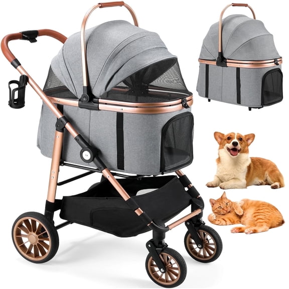 TLGREEN 4-Wheel Stable Pet Stroller for Medium Dogs/ Cats (55lbs Max) - 3-in-1 Convertible Design with Removable Carrier & One-Click Folding Mechanism (Grey)