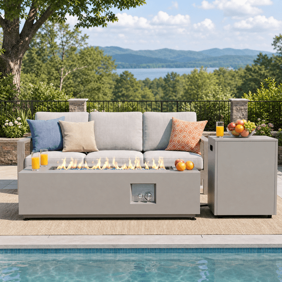 TLGREEN 42" Outdoor Propane Fire Pit Table, Rectangle Gas Fire Pit Table, 50000 BTU, 304 Stainless Steel Burner, Hidden Tank Storage, Lid & Cover, Patio Fire Table for Patio, Backyard, Gray