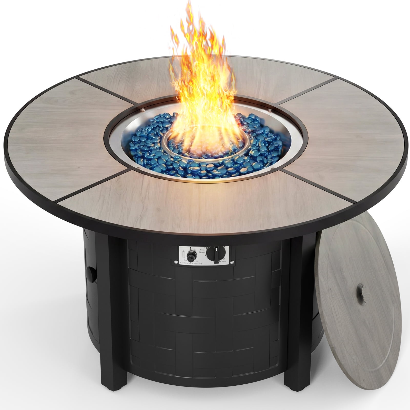 TLGREEN 42" Propane Fire Pit Table with Lid, 50,000 BTU Auto-Ignition Circular Gas Fire Pit for Outdoor, Includes Waterproof Cover & Blue Fire Glass (Gray)