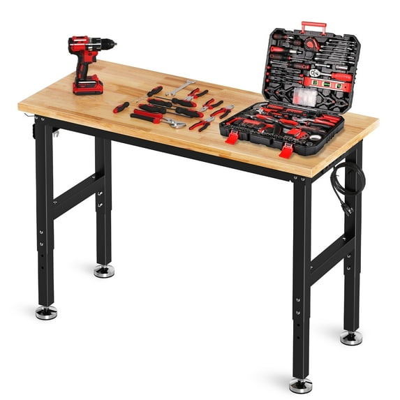 TLGREEN 48" Heavy-Duty Rubber Wood Workbench with Adjustable Height, Power Outlet, Pegboard & 2000 LBS Capacity