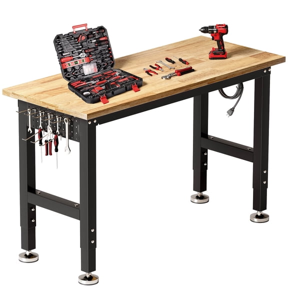 TLGREEN 48" Heavy-Duty Rubber Wood Workbench with Adjustable Height, Power Outlet, Pegboard , 2000 lbs Load Work Table for Garage, Office, Home
