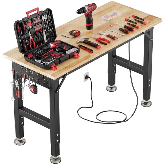 TLGREEN 48" Heavy Duty Workbench with Power Outlet, 2000 lbs Capacity, Adjustable Rubber Wood Work Table with Pegboard for Garage, Office, Home