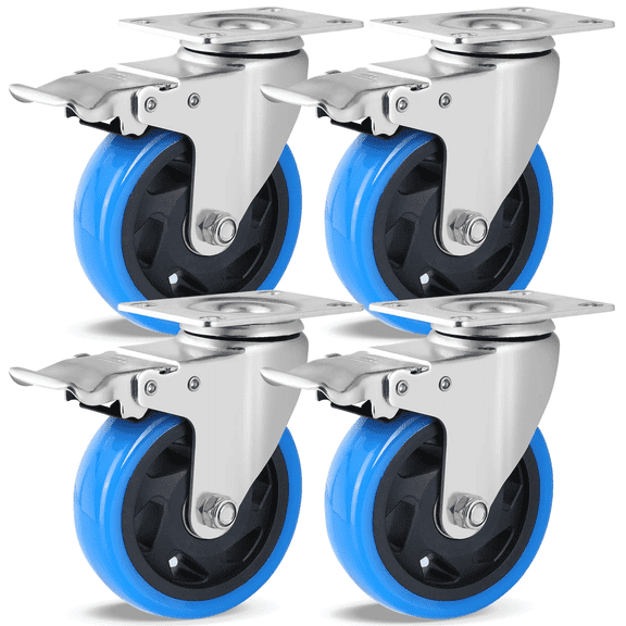 TLGREEN 4pc 4 inch 360° Swivel Caster Wheels with Brakes, 1322lbs Capacity, Polyurethane, for Office Chair & Industrial Use