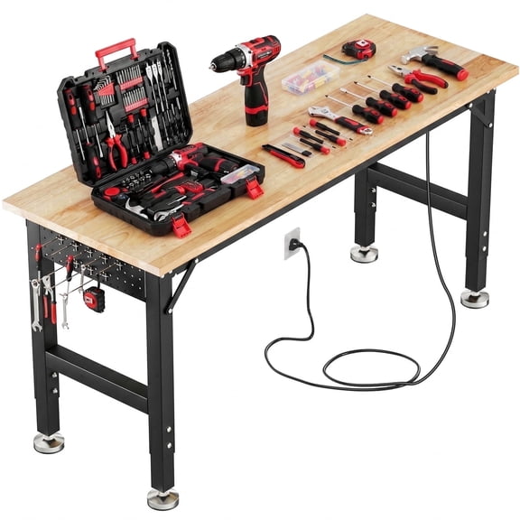 TLGREEN 60" Heavy Duty Workbench with Power Outlet, 2000 lbs Capacity, Adjustable Rubber Wood Work Table with Pegboard for Garage, Office, Home