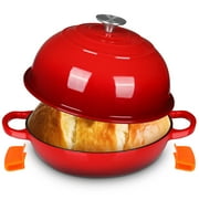 TLGREEN 6qt Enameled Cast Iron Dutch Oven for Bread Baking, Non-Stick Dome-Shaped Bread Oven Pot with Lid, Silicone Handles and Scraper, Red