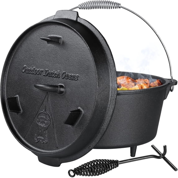 TLGREEN 7.8QT Cast Iron Dutch Oven Pot with Lid Lifter, Easy Cleaning, Stand & Dual Function Lid Griddle