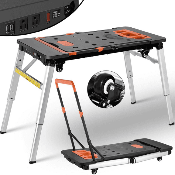 TLGREEN 7-in-1 Multifunctional Folding Work Bench,  Portable Work Table for Garage, as Sawhorse, Scaffold, Platform, Car Creeper, Dolly with Wheels