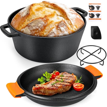 TLGREEN 9QT 2 in 1 Cast Iron Dutch Oven Pot, Pre-Seasoned Pot (6.7QT) and Skillet as a Lid (2.5QT) , for Oven, Stove, Grill, Campfire