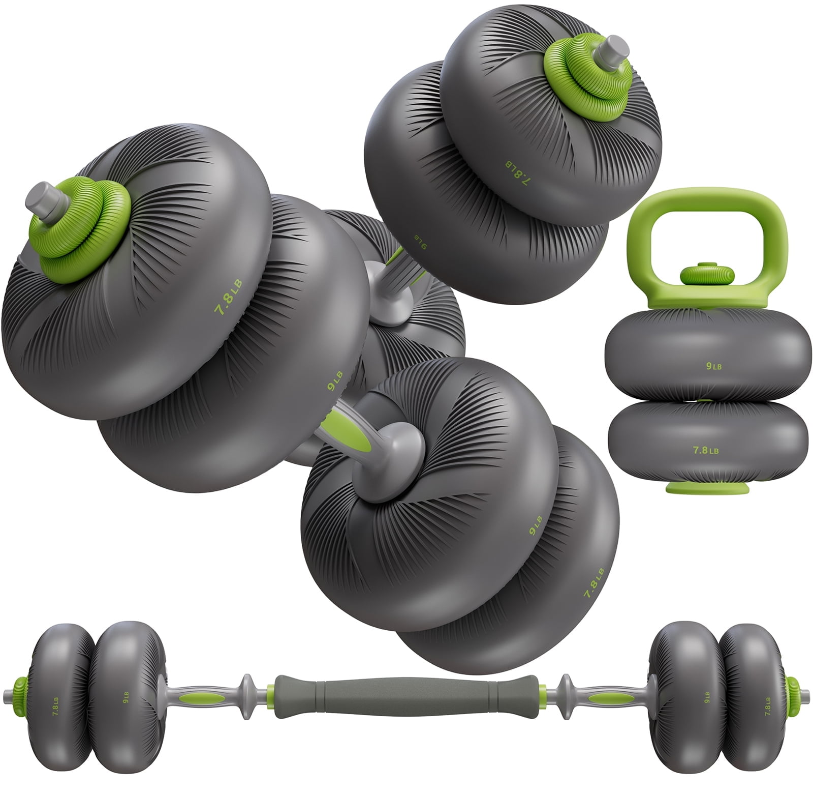 TLGREEN Adjustable Dumbbell Set, 45lbs/67lbs Free Weight Set, 4-in-1 Used as Barbell, Dumbbells, Kettlebell, Weight Plates, Soft Rubber Coated, Space Saving Fitness Exercise for Men/Women