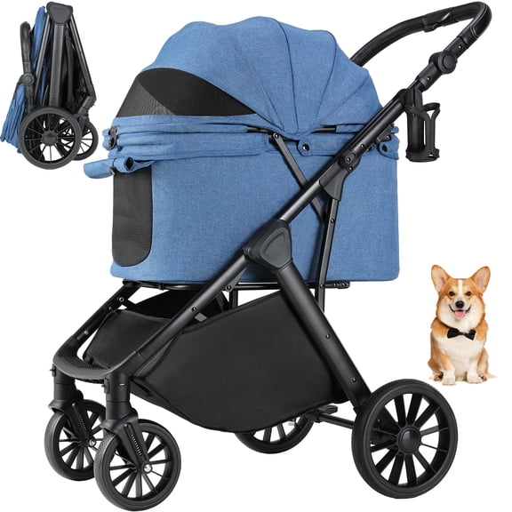TLGREEN Foldable Dog Stroller for Medium Small Dogs Cats Up to 55 Lbs, Aluminum and Carbon Steel Frame Pet Stroller with Cup Holder, Adjustable Height, Blue