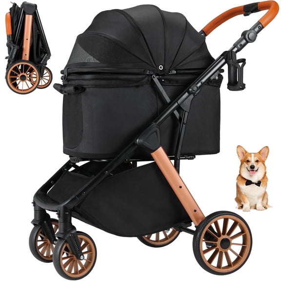 TLGREEN Foldable Dog Stroller for Medium Dogs Cats up to 55 Lbs, Aluminum and Cuarbon Steel Frame Pet Stroller with Cup Holder, Adjustable Height