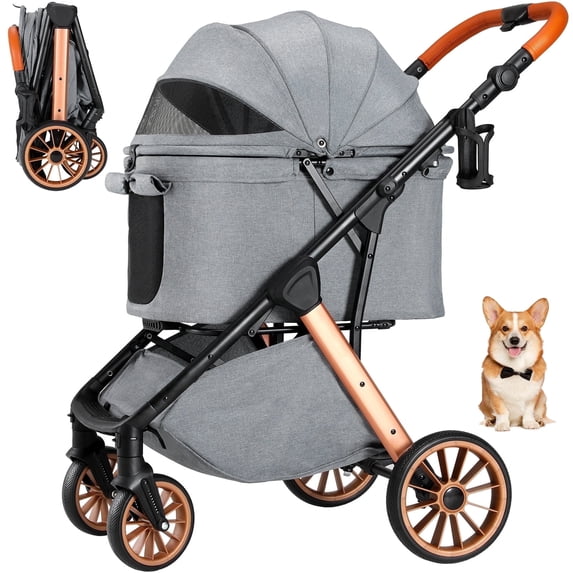 TLGREEN Foldable Dog Stroller for Medium Dogs Cats up to 33 lbs, Aluminum and Carbon Steel Frame Pet Stroller with Cup Holder, Adjustable Height