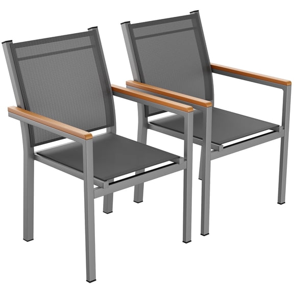 TLGREEN Patio Dining Chairs Set of 2, Stackable Aluminum Chair with Textilene Fabric & WPC Handrail, All Weather Outdoor Chair for Balcony, Poolside, Terrace & Restaurants, Grey