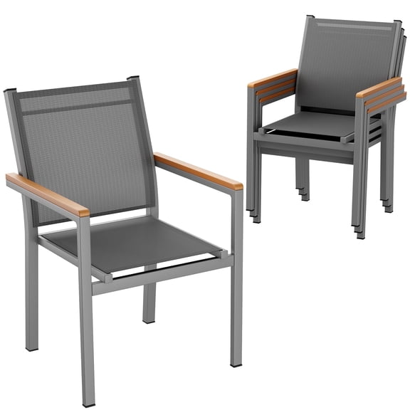 TLGREEN Patio Dining Chairs Set of 4, Stackable Aluminum Chair with Textilene Fabric & WPC Handrail, All Weather Outdoor Chair for Balcony, Poolside, Terrace & Restaurants, Grey