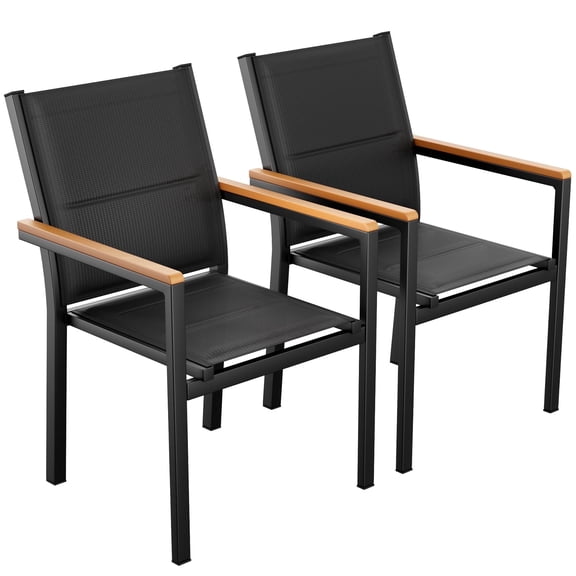 TLGREEN Patio Dinning Chairs Set of 2, Stackable Aluminum Chair with Quilted Textilene & WPC Handrail, All Weather Outdoor Chair for Patio, Balcony, Poolside & Restaurants, Black