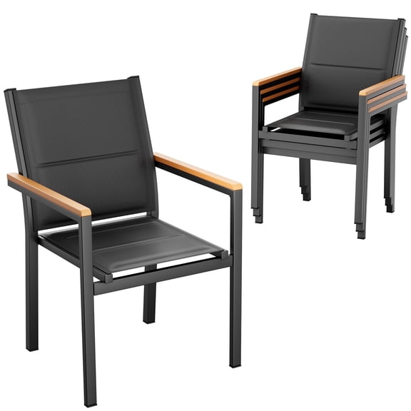 TLGREEN Patio Dinning Chairs Set of 4, Stackable Aluminum Chair with Quilted Textilene & WPC Handrail, All Weather Outdoor Chair for Patio, Balcony, Poolside & Restaurants, Black