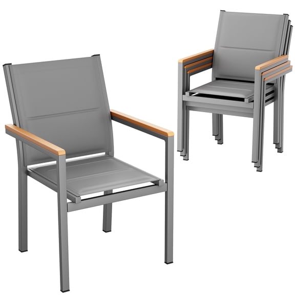 TLGREEN Patio Dinning Chairs Set of 4, Stackable Aluminum Chair with Quilted Textilene & WPC Handrail, All Weather Outdoor Chair for Patio, Balcony, Poolside & Restaurants, Gray