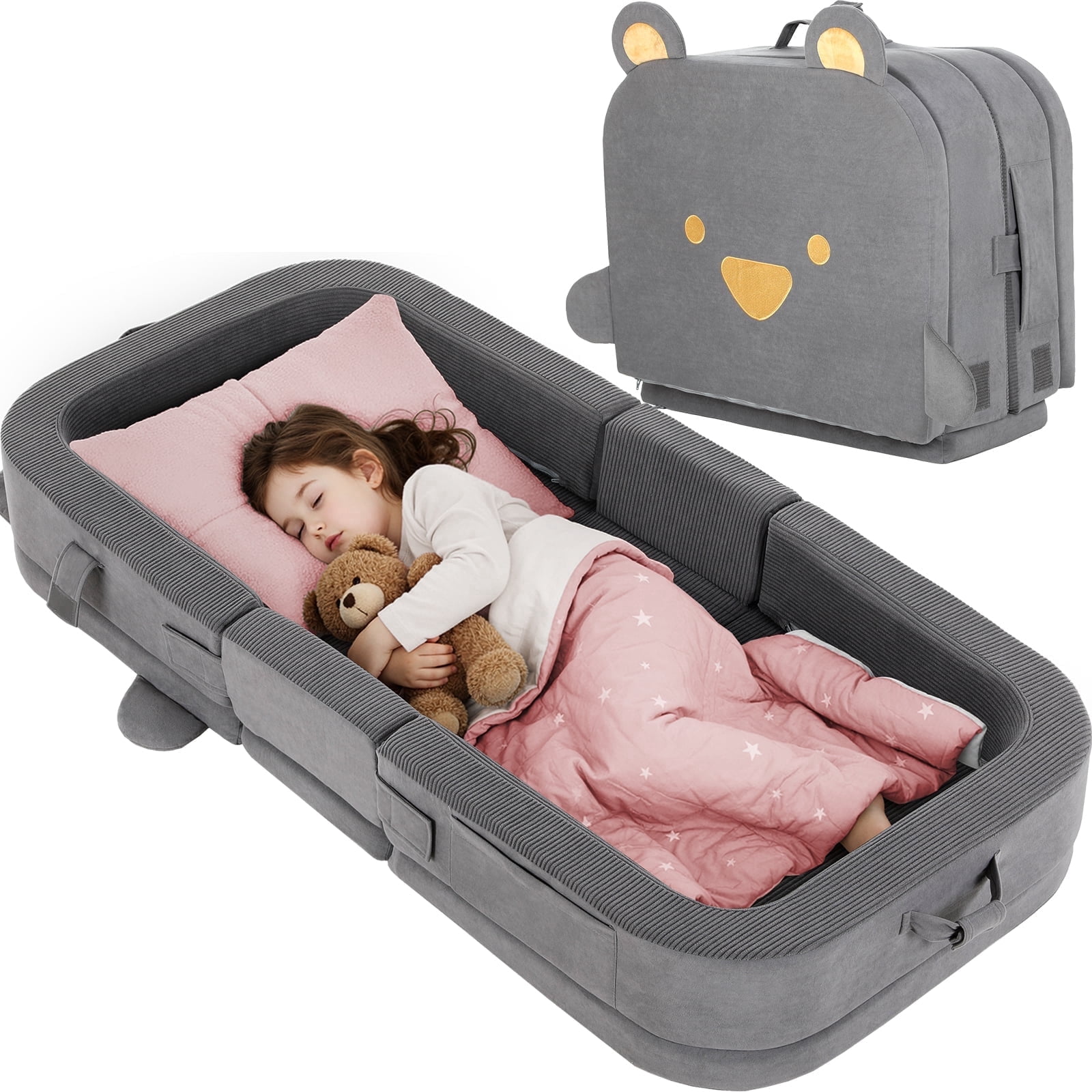 TLGREEN Portable Toddler Travel Bed, Foldable Toddler Floor Bed for Baby and Kids Aged 1-4,with Washable Cover, Safety Rail, for Home,Hotel,Family Visits,Camping
