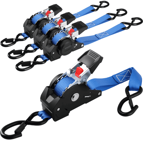 TLGREEN Retractable Ratchet Straps, 4Pack,1” x 10’ 1650lb Break Strength Heavy Duty Auto Self Retracting Tie Down Straps for Truck, Cargo, Motorcycle, ATV, UTV,Boat (Blue)