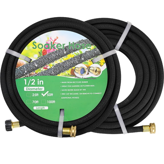 TLGREEN Soaker Hose 100 ft 1/2", Solid Brass Connectors,Heavy Duty Drip Hose to Save 70% Water, Rubber Longer Lasting, for Garden, Lawn and Yard (1/2" 50ft×2)