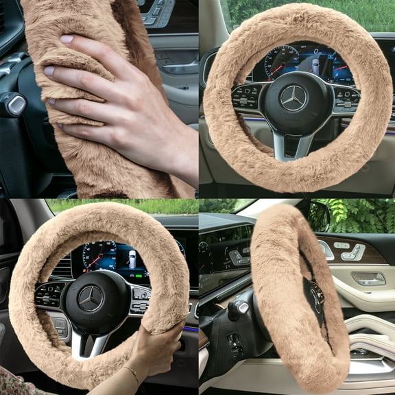 TLH Beige Doe16 Faux Rabbit Fur Steering Wheel Cover Ultimate Protection Universal Fit for most Cars, Trucks, SUVs, and Vans