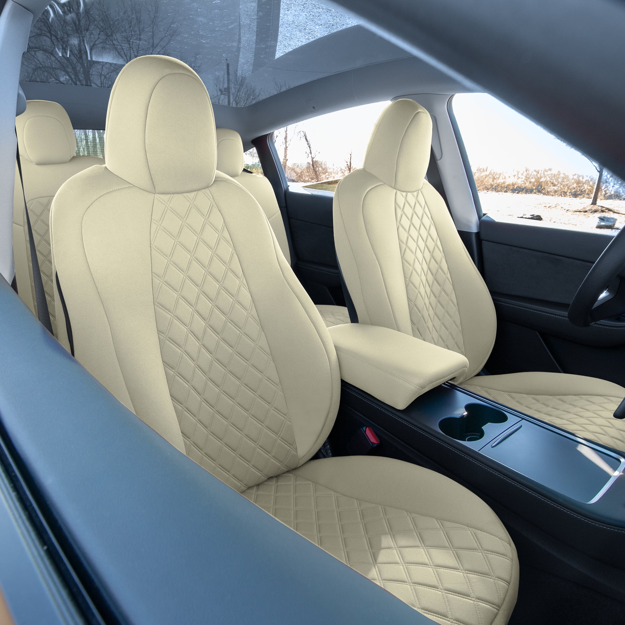 TLH Solid Beige Full Set Neoprene Custom Fit Seat Covers for 2020 - 2024  Tesla Model Y 