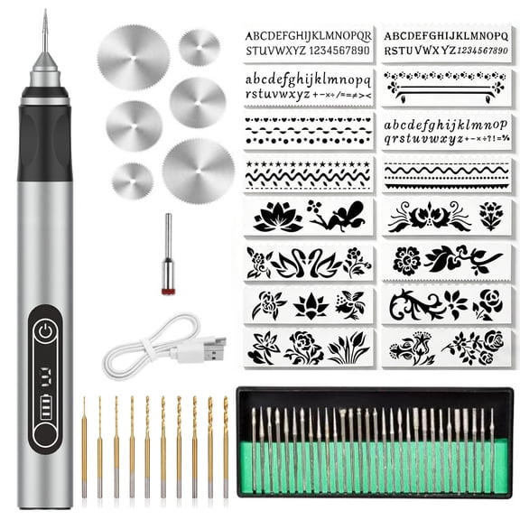 TLL Electric Engraving Pen, USB Rechargeable 3-Speed Cordless Rotary Tool, for Jewelry Wood Glass Stone Carving, with Bits and Stencils