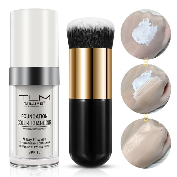 TLM Flawless Colour Changing Warm Skin Tone Foundation Makeup with Foundation Brush Makeup Brush,Long Lasting Waterproof Lightweight Liquid Foundation