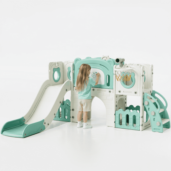 TLSUNNY 10-in-1 Toddler Slide Playset, with Enclosed Steps, Graffiti board, Basketball Hoop & Storage, Tunnel, Indoor Outdoor Climber