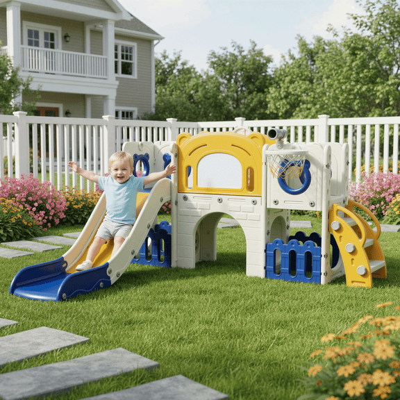 TLSUNNY 10-in-1 Toddler Climber Slide Playset, W/ Basketball Hoop & Ball, Drawing Board, Non-Slip Steps, Tunnel, Indoor Outdoor Playground for Kids