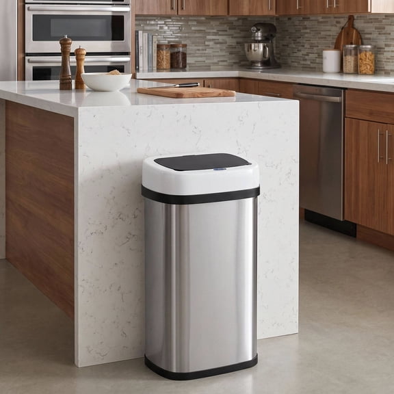 TLSUNNY 13.2 Gallon Oval Automatic Trash Can, 50L Touchless Motion Sensor Garbage Can W/ Odor-Sealing Lid & One-Touch Manual Mode, White Trim