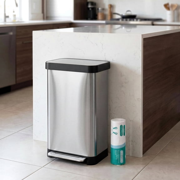 TLSUNNY 13.2 Gal Stainless Steel Trash Can, with 15 Trash Bags & Odor Control, Step-on Pedal Bin with Soft-Close Lid, No Inner Bucket, for Kitchen/Office