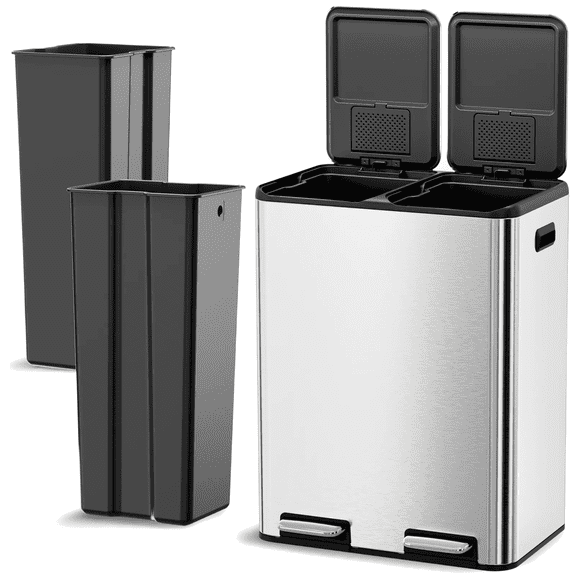 TLSUNNY 16 Gal / 60 L Dual Trash Can, Double Lid Step Bin w/ 2 Odor Control Box & Inner Buckets, for Living Room, Bathroom, Kitchen