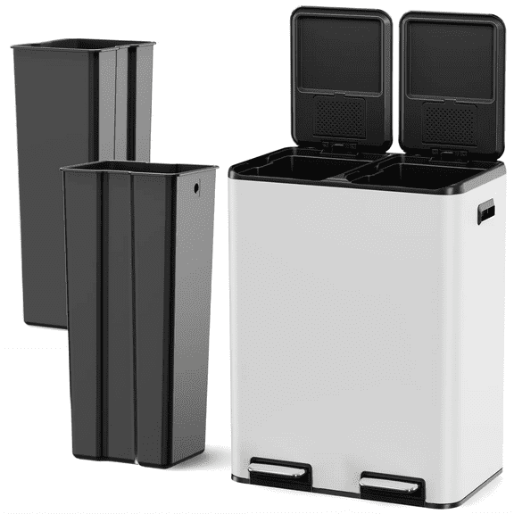 TLSUNNY 16 Gal Double Compartment Trash Can, Dual Lid Recycling Kitchen Garbage Bin with 2 Control Box for Home/Office