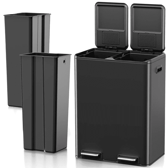 TLSUNNY 16 Gal Double Step Trash Can, Dual Compartment Recycling Bin with Odor Control Box, for Office/Home/Kitchen