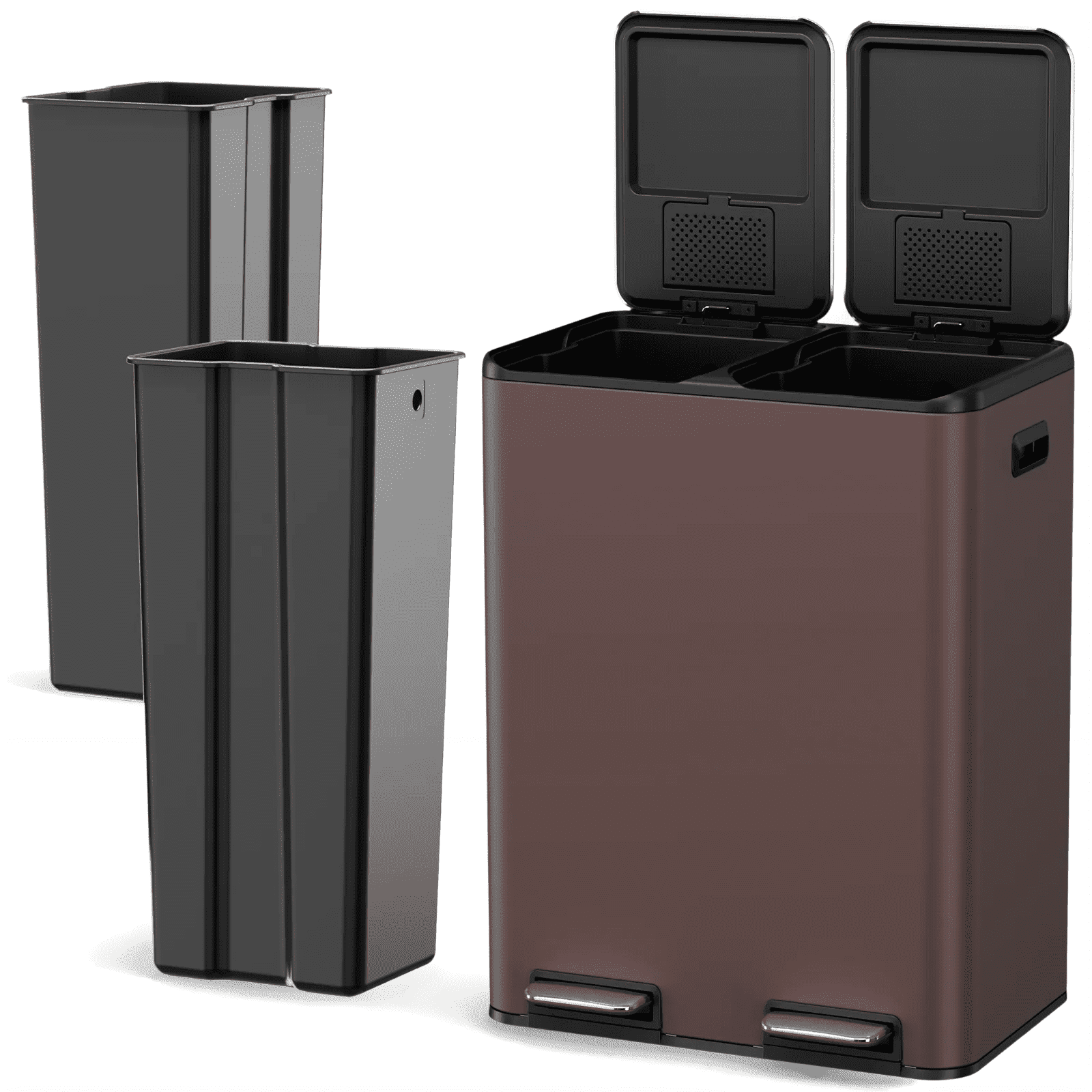 TLSUNNY 16 Gal Dual Compartment Trash Can, Step Pedal Recycling Bin w/ 2 Soft-Close Lids and 2 Odor Control Box, for Kitchen Use