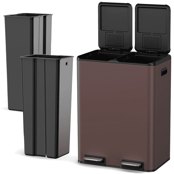 TLSUNNY 16 Gal Dual Compartment Trash Can, Step Pedal Recycling Bin w/ 2 Soft-Close Lids and 2 Odor Control Box, for Kitchen Use