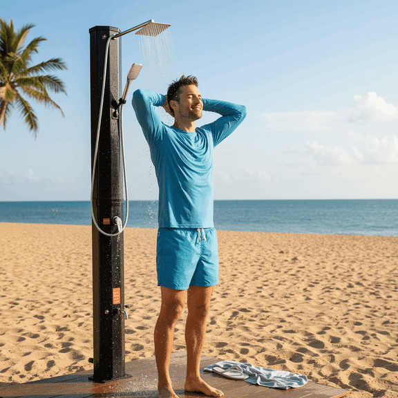 TLSUNNY 16 Gallon Solar Heated Outdoor Shower, 7.5 FT Freestanding Garden Shower w/ 360° Swivel Shower Head, Handheld Head, Foot Faucet, Temperature Adjustment, for Poolside Backyard Beach