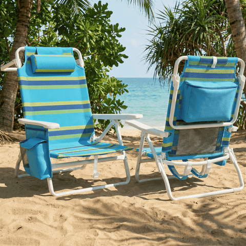TLSUNNY 2 Pack Lightweight Portable Camping Beach Chairs for Adults, Outdoor Lay Flat Folding Lounger, Backpack Beach Chair W/ 5 Positions, Towel Bar, Cooler Pouch, Cup Holder