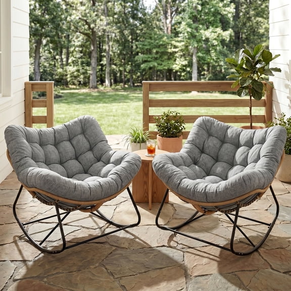 TLSUNNY 2 Pack Papasan Chairs, Oversized Padded Lounge Rocking Chair with Cushion, Large Indoor/Outdoor Rocking Recliner