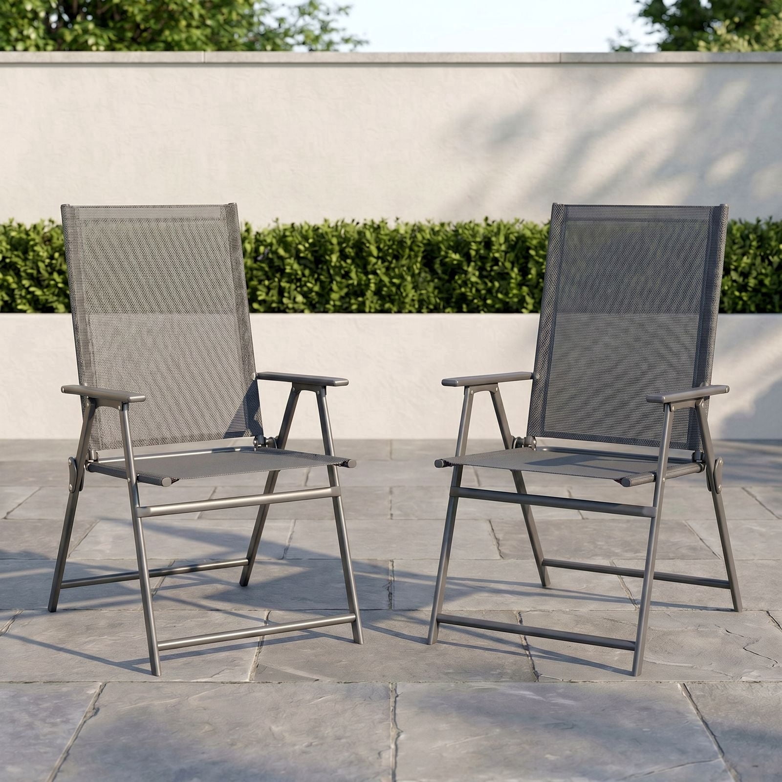 TLSUNNY 2 Pcs Patio Folding Chairs, Outdoor Portable Dining Chairs W/ High Back, Steel Frame, Armrests, for Yard, Camping