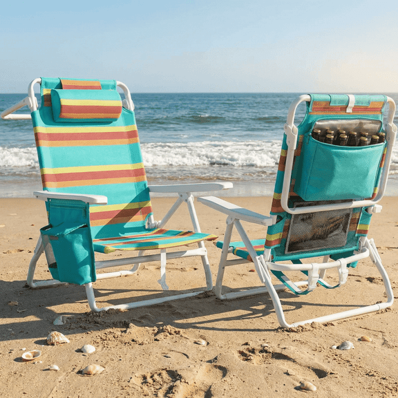 TLSUNNY 2 Pcs Portable Beach Chair for Adults, Outdoor Camping Chair Lay Flat Folding Backpack Beach Reclining Chair W/ Headrest, Cup Holder