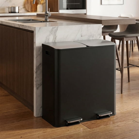 TLSUNNY 2 x 10.6 Gal Stainless Steel Double Trash Can with Odor-Control Box, Large Step-on Dual Garbage and Recycle Bin Combo, PP Inner Buckets, for Home