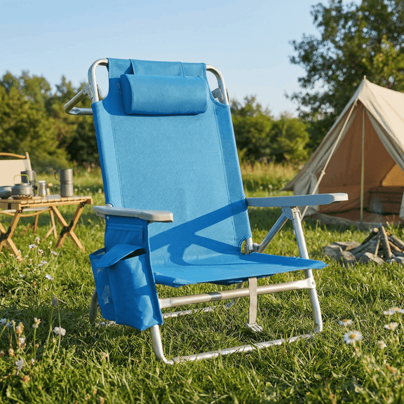 TLSUNNY 25" Wide Low Backpack Beach Chair for Adults, W/ 5-Position Lay Flat, Headrest, Storage Bag, Cooler Pouch, Towel Bar, Foot Mat, for Lawn/Camping