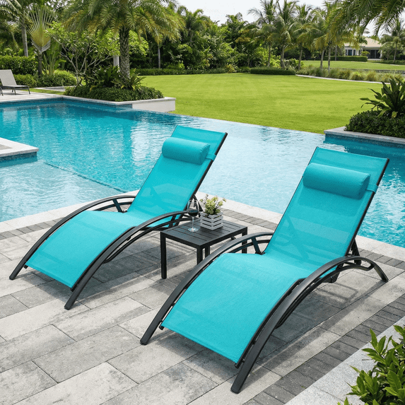TLSUNNY 3 Pcs Patio Chaise Lounge and Side Table Set, Outdoor Recliner Lounger Chair with Removable Headrest, 5-Level Adjustable Backrest, for Poolside
