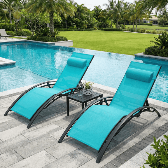 TLSUNNY 3 Pcs Patio Chaise Lounge and Side Table Set, Outdoor Recliner Lounger Chair with Removable Headrest, 5-Level Adjustable Backrest, for Poolside