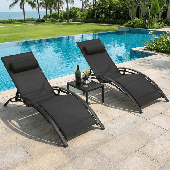 TLSUNNY Patio Chaise Lounge Chair Set of 3, W/ Side Table, Adjustable Backrest & Removable Headrest for Poolside, Patio, Garden, Beach