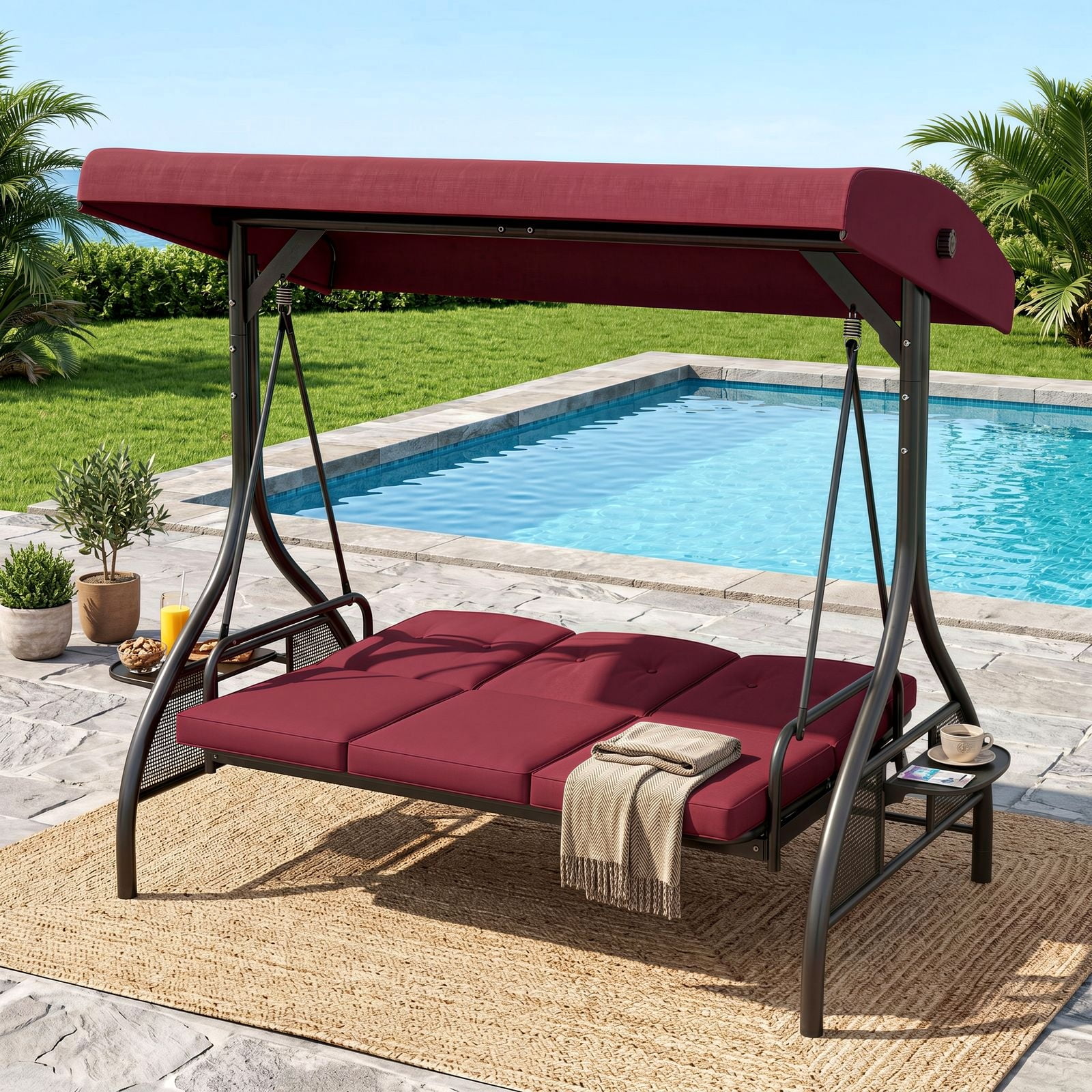 TLSUNNY 3-Seat Outdoor Porch Swing with Stand and Canopy, Convertible Porch Swing Bed for Adults, W/ Foldable Cup Holders & Thickened Cushions for Rooftop, 750LBS